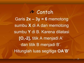 Contoh
Garis 2x – 3y = 6 memotong
sumbu X di A dan memotong
sumbu Y di B. Karena dilatasi
[O,-2], titik A menjadi A’
dan titik B menjadi B’.
Hitunglah luas segitiga OA’B’
29

 