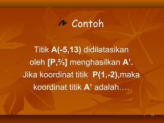 Contoh
Titik A(-5,13) didilatasikan
oleh [P,⅔] menghasilkan A’.
Jika koordinat titik P(1,-2),maka
koordinat titik A’ adalah….

33

 