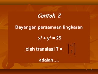 Contoh 2
Bayangan persamaan lingkaran
x2 + y2 = 25
oleh translasi T =

 − 1
 
 3
 

adalah….
9

 