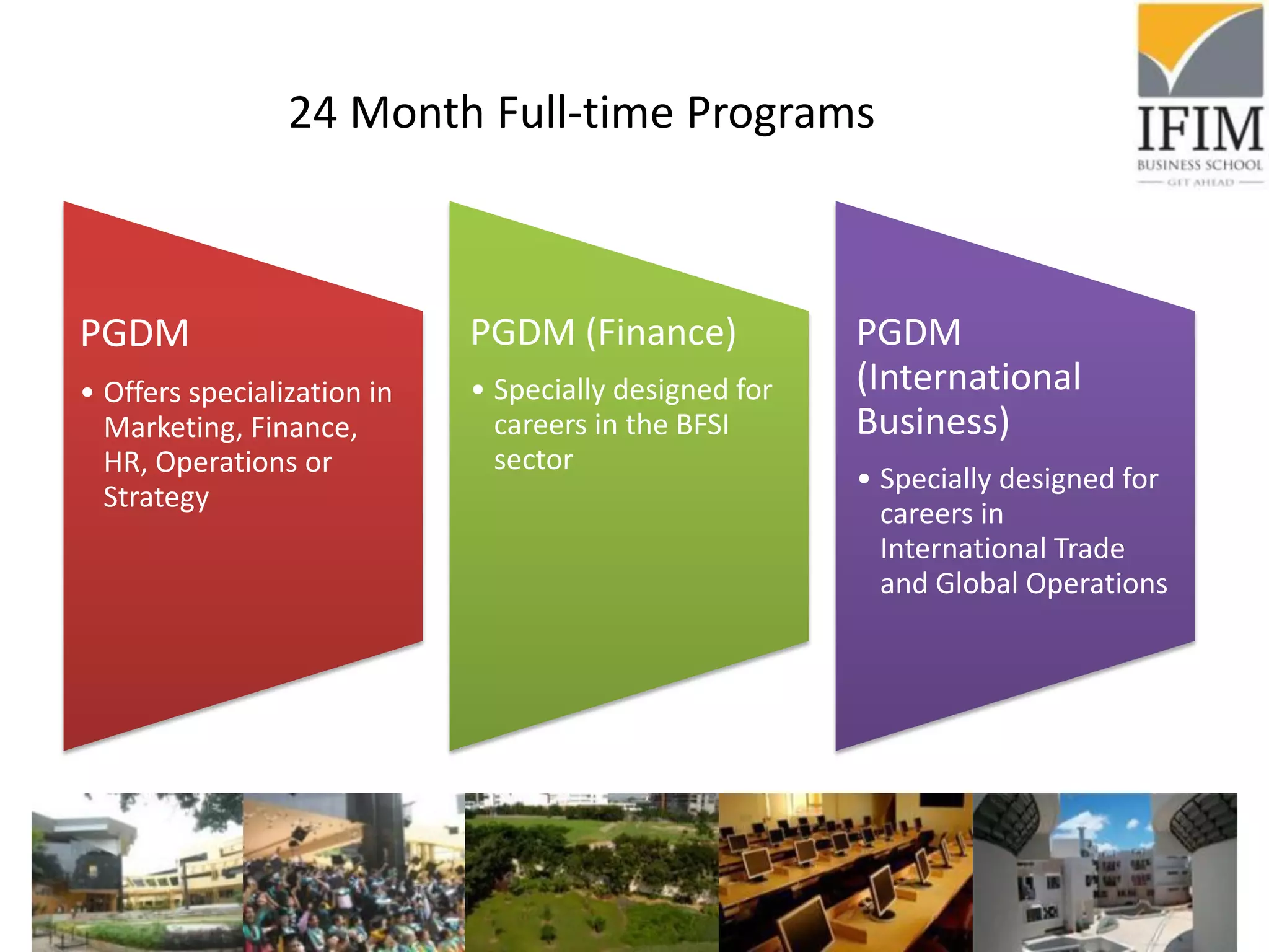 24 Month Full-time Programs
PGDM
• Offers specialization in
Marketing, Finance,
HR, Operations or
Strategy
PGDM (Finance)
• Specially designed for
careers in the BFSI
sector
PGDM
(International
Business)
• Specially designed for
careers in
International Trade
and Global Operations
 
