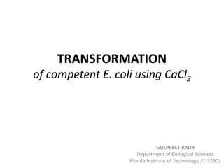 TRANSFORMATION
of competent E. coli using CaCl2




                                GULPREET KAUR
                      Department of Biological Sciences
                   Florida Institute of Technology, FL 32901
 