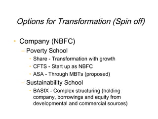 Options for Transformation (Spin off)

• Company (NBFC)
  – Poverty School
    • Share - Transformation with growth
    • CFTS - Start up as NBFC
    • ASA - Through MBTs (proposed)
  – Sustainability School
    • BASIX - Complex structuring (holding
      company, borrowings and equity from
      developmental and commercial sources)
 