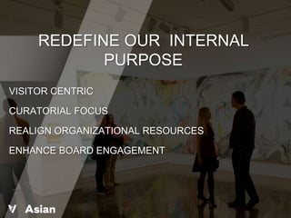 REDEFINE OUR INTERNAL
            PURPOSE
VISITOR CENTRIC

CURATORIAL FOCUS

REALIGN ORGANIZATIONAL RESOURCES

ENHANCE BOARD ENGAGEMENT




                                   33
 