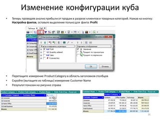 Изменение конфигурации куба
• Теперь проведем анализ прибылиот продаж в разрезе клиентов и товарныхкатегорий. Нажав на кнопку:
Настройка фактов, оставьте выделение только для факта: Profit
• Перетащите измерение ProductCategory в область заголовков столбцов
• Скройте (вытащите из таблицы) измерение Customer Name
• Результатпоказанна рисунке справа
26
 