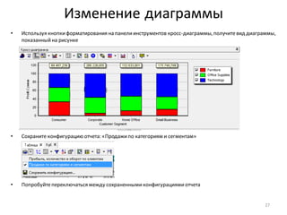 Изменение диаграммы
• Используя кнопкиформатирования на панелиинструментов кросс-диаграммы, получитевид диаграммы,
показанныйна рисунке
• Сохраните конфигурацию отчета: «Продажипо категориям и сегментам»
• Попробуйтепереключаться между сохраненнымиконфигурациямиотчета
27
 