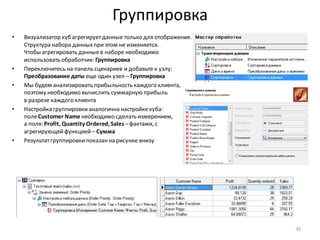 Группировка
• Визуализатор куб агрегируетданные только для отображения.
Структура набора данныхпри этом не изменяется.
Чтобы агрегировать данныев наборе необходимо
использовать обработчик: Группировка
• Переключитесь на панель сценариев и добавьте к узлу:
Преобразование даты еще один узел – Группировка
• Мы будем анализировать прибыльность каждого клиента,
поэтому необходимо вычислить суммарную прибыль
в разрезе каждого клиента
• Настройка группировкианалогична настройкекуба:
полеCustomer Name необходимо сделать измерением,
а поля: Profit, Quantity Ordered, Sales –фактами, с
агрегирующейфункцией– Сумма
• Результатгруппировкипоказанна рисунке внизу
30
 