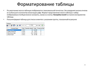 Форматирование таблицы
• По умолчанию числа в таблицах отображаются с максимальнойточностью. Это затрудняетанализ отчетов
из-за большого количества незначащихцифр. Формат представления чисел в таблице и набор
отображаемыхстолбцов можно настроить, нажав на кнопку: Настройкаполей на панелиинструментов
таблицы.
• Получитеформаттаблицы для списка клиентов с указанием группы, показанныйна рисунке
38
 