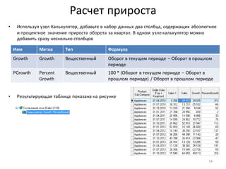 Расчет прироста
• Используя узел Калькулятор, добавьте в набор данных два столбца, содержащих абсолютное
и процентное значение прироста оборота за квартал. В одном узле калькулятор можно
добавить сразу несколько столбцов
• Результирующая таблица показана на рисунке
54
Имя Метка Тип Формула
Growth Growth Вещественный Оборот в текущем периоде – Оборот в прошлом
периоде
PGrowth Percent
Growth
Вещественный 100 * (Оборот в текущем периоде – Оборот в
прошлом периоде) / Оборот в прошлом периоде
 