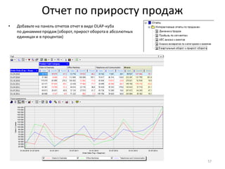 Отчет по приросту продаж
• Добавьте на панель отчетов отчет в виде OLAP-куба
по динамикепродаж (оборот, прирост оборота в абсолютных
единицах и в процентах)
57
 