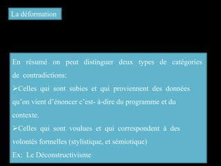La déformation
En résumé on peut distinguer deux types de catégories
de contradictions:
Celles qui sont subies et qui proviennent des données
qu’on vient d’énoncer c’est- à-dire du programme et du
contexte.
Celles qui sont voulues et qui correspondent à des
volontés formelles (stylistique, et sémiotique)
Ex: Le Déconstructivisme
 