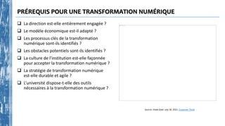 PRÉREQUIS POUR UNE TRANSFORMATION NUMÉRIQUE
 La direction est-elle entièrement engagée ?
 Le modèle économique est-il adapté ?
 Les processus clés de la transformation
numérique sont-ils identifiés ?
 Les obstacles potentiels sont-ils identifiés ?
 La culture de l’institution est-elle façonnée
pour accepter la transformation numérique ?
 La stratégie de transformation numérique
est-elle durable et agile ?
 L’université dispose-t-elle des outils
nécessaires à la transformation numérique ?
Source: Vivek Goel. July 18, 2021. Customer Think
 