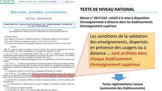 Les conditions de la validation
des enseignements, dispensés
en présence des usagers ou à
distance … sont arrêtées dans
chaque établissement
d’enseignement supérieur
TEXTE DE NIVEAU NATIONAL
Décret n° 2017-619 : relatif à la mise à disposition
d’enseignements à distance dans les établissements
d’enseignement supérieur
Textes réglementaires locaux
(autonomie des établissements)
 