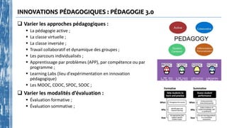 INNOVATIONS PÉDAGOGIQUES : PÉDAGOGIE 3.0
 Varier les approches pédagogiques :
 La pédagogie active ;
 La classe virtuelle ;
 La classe inversée ;
 Travail collaboratif et dynamique des groupes ;
 Les parcours individualisés ;
 Apprentissage par problèmes (APP), par compétence ou par
programme ;
 Learning Labs (lieu d'expérimentation en innovation
pédagogique)
 Les MOOC, COOC, SPOC, SOOC ;
 Varier les modalités d’évaluation :
 Évaluation formative ;
 Évaluation sommative ;
 