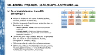 UEL - DÉCISION N°/QĐ-ĐHKTL, HÔ-CHI-MINH-VILLE, SEPTEMBRE 2020
 Recommandations sur le modèle
économique :
 Prévoir un inventaire des taches numériques fixes,
variables, directes et indirectes ;
 Détailler les aspects financières de la décision dans es
documents de gestion :
- Chapitre 3, Article 9, point 6 : « rémunérer les régimes des
enseignants » ;
- Annexe 3, Étape 9 : « Département Sciences et Finances
complète les procédures de paiement de la rémunération des
enseignants-chercheurs » ;
 Définir une grille d’équivalences d’heures en présentiel
avec une heure de travail à distance (tutorat,
conception de contenus, etc.) ;
 Définir une grille des coûts des taches numériques ;
 Définir une politique d’incitation (conversions, primes,
heures supplémentaires) pour les taches d’activités
numériques (responsabilités, missions) ;
 