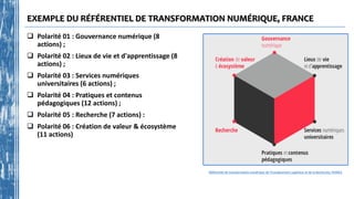 EXEMPLE DU RÉFÉRENTIEL DE TRANSFORMATION NUMÉRIQUE, FRANCE
 Polarité 01 : Gouvernance numérique (8
actions) ;
 Polarité 02 : Lieux de vie et d'apprentissage (8
actions) ;
 Polarité 03 : Services numériques
universitaires (6 actions) ;
 Polarité 04 : Pratiques et contenus
pédagogiques (12 actions) ;
 Polarité 05 : Recherche (7 actions) :
 Polarité 06 : Création de valeur & écosystème
(11 actions)
Référentiel de transformation numérique de l'Enseignement supérieur et de la Recherche, FRANCE
 