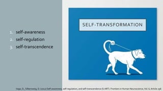SELF-TRANSFORMATION
1. self-awareness
2. self-regulation
3. self-transcendence
Vago, D., Silbersweig, D. (2012) Self-awareness, self-regulation, and self-transcendence (S-ART). Frontiers in Human Neuroscience, Vol. 6, Article 296
 