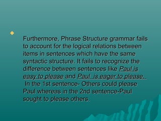 

Furthermore, Phrase Structure grammar fails
to account for the logical relations between
items in sentences which have the same
syntactic structure. It fails to recognize the
difference between sentences like Paul is
easy to please and Paul is eager to please.
In the 1st sentence- Others could please
Paul whereas in the 2nd sentence-Paul
sought to please others.

 