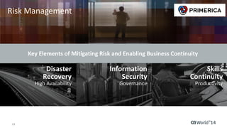 12 © 2014 CA. ALL RIGHTS RESERVED.
Real-Time Data is Key to Primerica
Saliva and blood tests
using real-time data:
• Medical Information
Bureau (MIB)
• Motor Vehicle
Registration (MVR)
• Prescription databases
Accelerated business
responsiveness
Wait-period for
underwriting decisions
reduced from
30-90 days to 3 minutes
or less
Development for field
agent applications is
focused on mobile,
adaptive and
responsive design
 