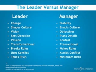 The Leader Versus Manager
            Leader                                                    Manager
   •      Change                                                  •    Stability
   •      Shapes Culture                                          •    Enacts Culture
   •      Vision                                                  •    Objectives
   •      Sets Direction                                          •    Plans Details
   •      Passion                                                 •    Control
   •      Transformational                                        •    Transactional
   •      Breaks Rules                                            •    Makes Rules
   •      Uses Conflict                                           •    Avoids Conflict
   •      Takes Risks                                             •    Minimizes Risks
 4
http://changingminds.org/disciplines/leadership/articles/manager_leader.htm
www.profilesinternational.com
©2012 Profiles International, Inc. All rights reserved.
 