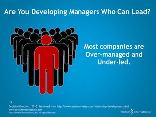 Are You Developing Managers Who Can Lead?



                                                             Most companies are
                                                             Over-managed and
                                                                 Under-led.




  5
 DecisionWise, Inc. 2010. Retrieved from http://www.decision-wise.com/leadership-development.html
 www.profilesinternational.com
 ©2012 Profiles International, Inc. All rights reserved.
 
