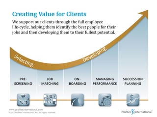 Creating Value for Clients
   We support our clients through the full employee
   life-cycle, helping them identify the best people for their
   jobs and then developing them to their fullest potential.




www.profilesinternational.com
©2012 Profiles International, Inc. All rights reserved.
 