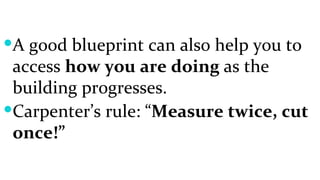 A good blueprint can also help you to access  how you are doing  as the building progresses.  Carpenter’s rule: “ Measure twice, cut once!” 