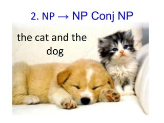 2. NP → NP Conj NP
the cat and the
      dog
 