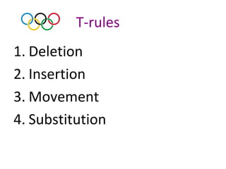 T-rules
1. Deletion
2. Insertion
3. Movement
4. Substitution
 