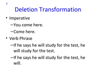 2

     Deletion Transformation
• Imperative
   – You come here.
   – Come here.
• Verb Phrase
   – If he says he will study for the test, he
     will study for the test.
   – If he says he will study for the test, he
     will.
 