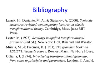 Bibliography
Lasnik, H., Depiante, M. A., & Stepanov, A. (2000). Syntactic
  structures revisited: contemporary lectures on classic
  transformational theory. Cambridge, Mass. [u.a.: MIT
  Press.
Lester, M. (1973). Readings in applied transformational
  grammar (2nd ed.). New York: Holt, Rinehart and Winston.
Murcia, M., & Freeman, D. (1983). The grammar book: an
  ESL/EFL teacher's course. Rowley, Mass.: Newbury House.
Ouhalla, J. (1994). Introducing transformational grammar:
  from rules to principles and parameters. London: E. Arnold.
 
