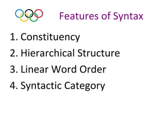 Features of Syntax
1. Constituency
2. Hierarchical Structure
3. Linear Word Order
4. Syntactic Category
 