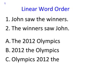 1

     Linear Word Order
1. John saw the winners.
2. The winners saw John.

A. The 2012 Olympics
B. 2012 the Olympics
C. Olympics 2012 the
 