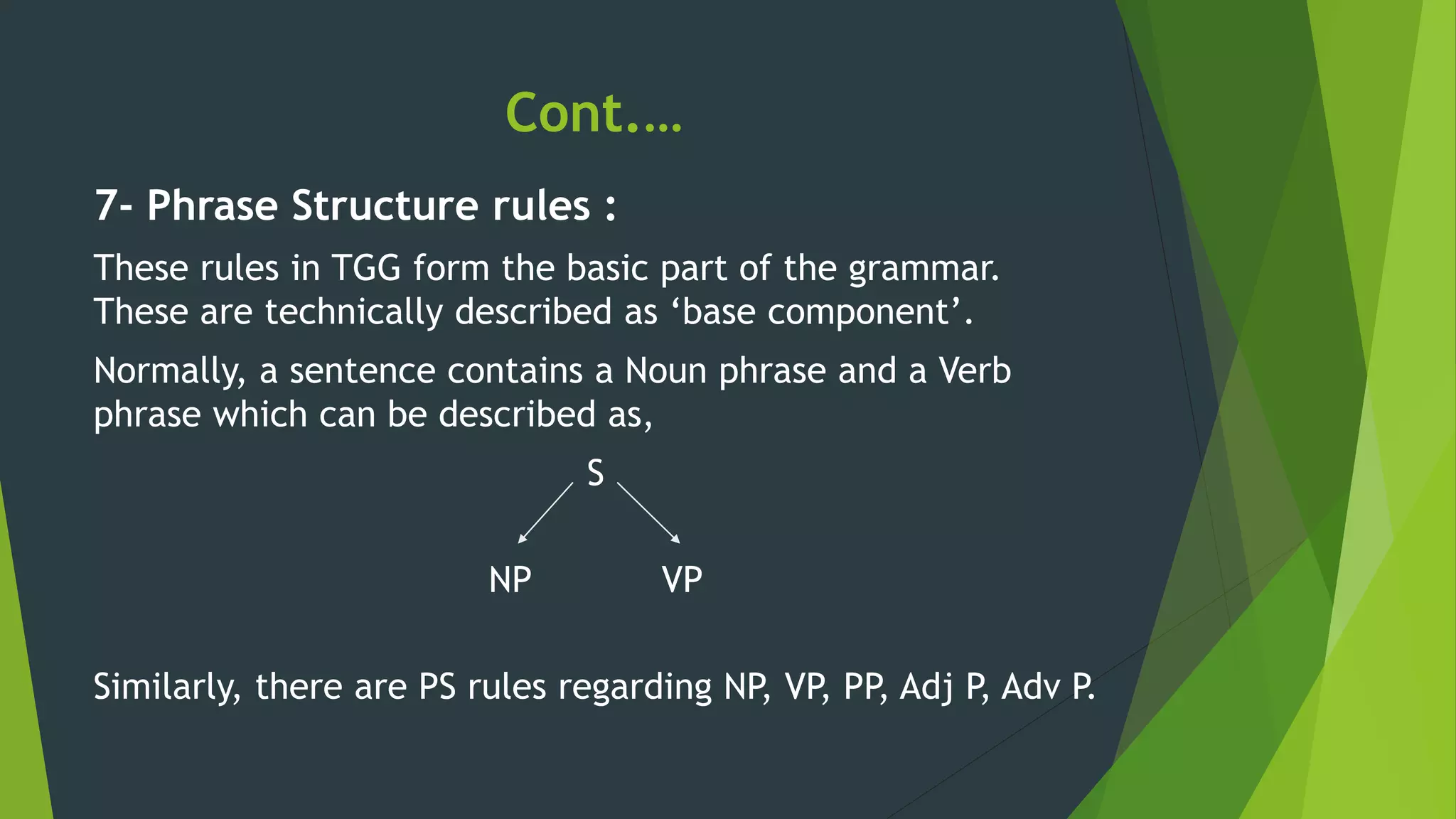 Cont.…
7- Phrase Structure rules :
These rules in TGG form the basic part of the grammar.
These are technically described as ‘base component’.
Normally, a sentence contains a Noun phrase and a Verb
phrase which can be described as,
S
NP VP
Similarly, there are PS rules regarding NP, VP, PP, Adj P, Adv P.
 