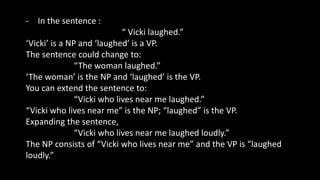 - In the sentence :
“ Vicki laughed.”
‘Vicki’ is a NP and ‘laughed’ is a VP.
The sentence could change to:
“The woman laughed.”
‘The woman’ is the NP and ‘laughed’ is the VP.
You can extend the sentence to:
“Vicki who lives near me laughed.”
“Vicki who lives near me” is the NP; “laughed” is the VP.
Expanding the sentence,
“Vicki who lives near me laughed loudly.”
The NP consists of “Vicki who lives near me” and the VP is “laughed
loudly.”
 