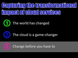 1   The world has changed


2 The cloud is a game-changer

3 Change before you have to
 