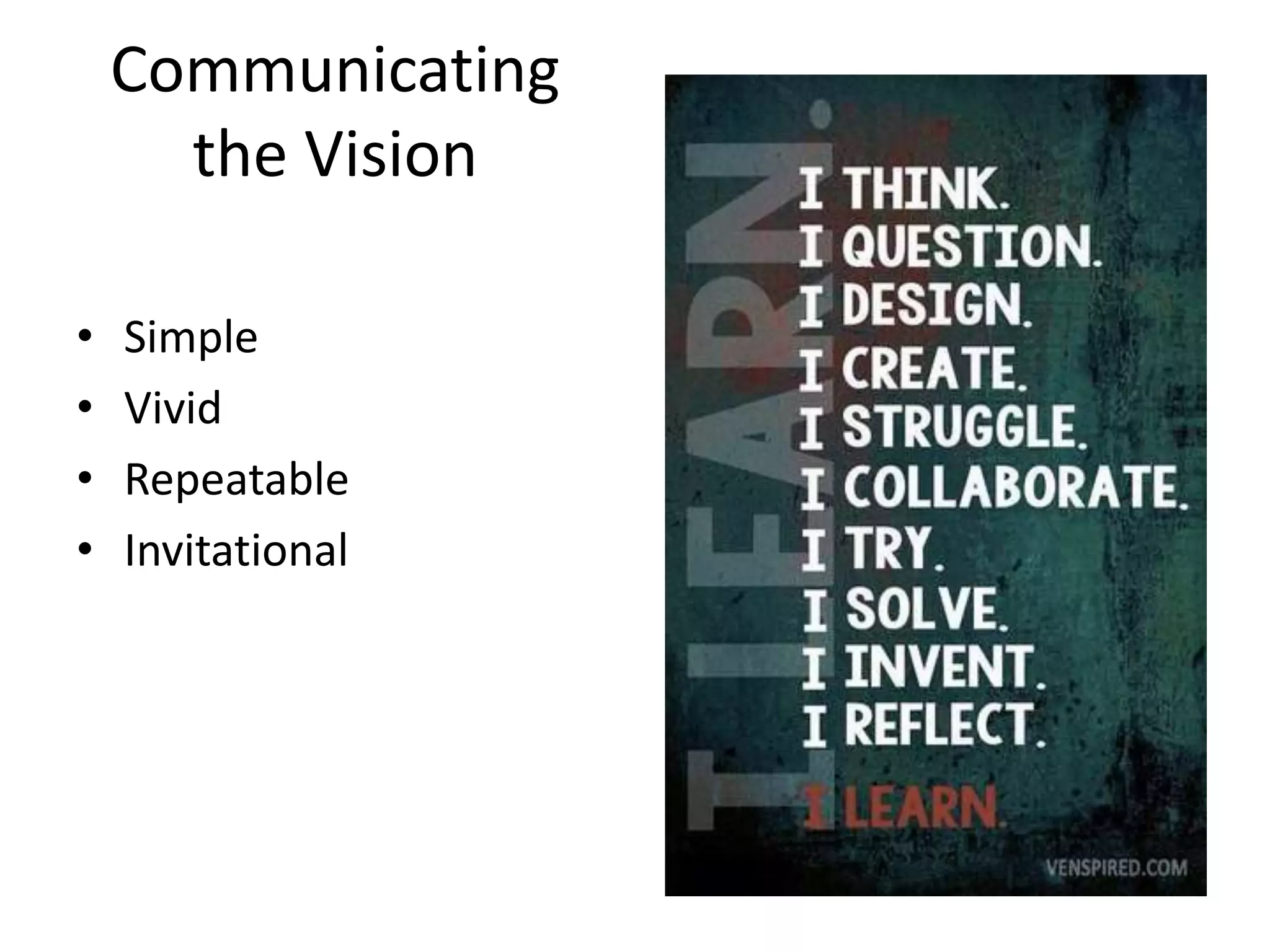 Communicating
the Vision
•
•
•
•

Simple
Vivid
Repeatable
Invitational

 