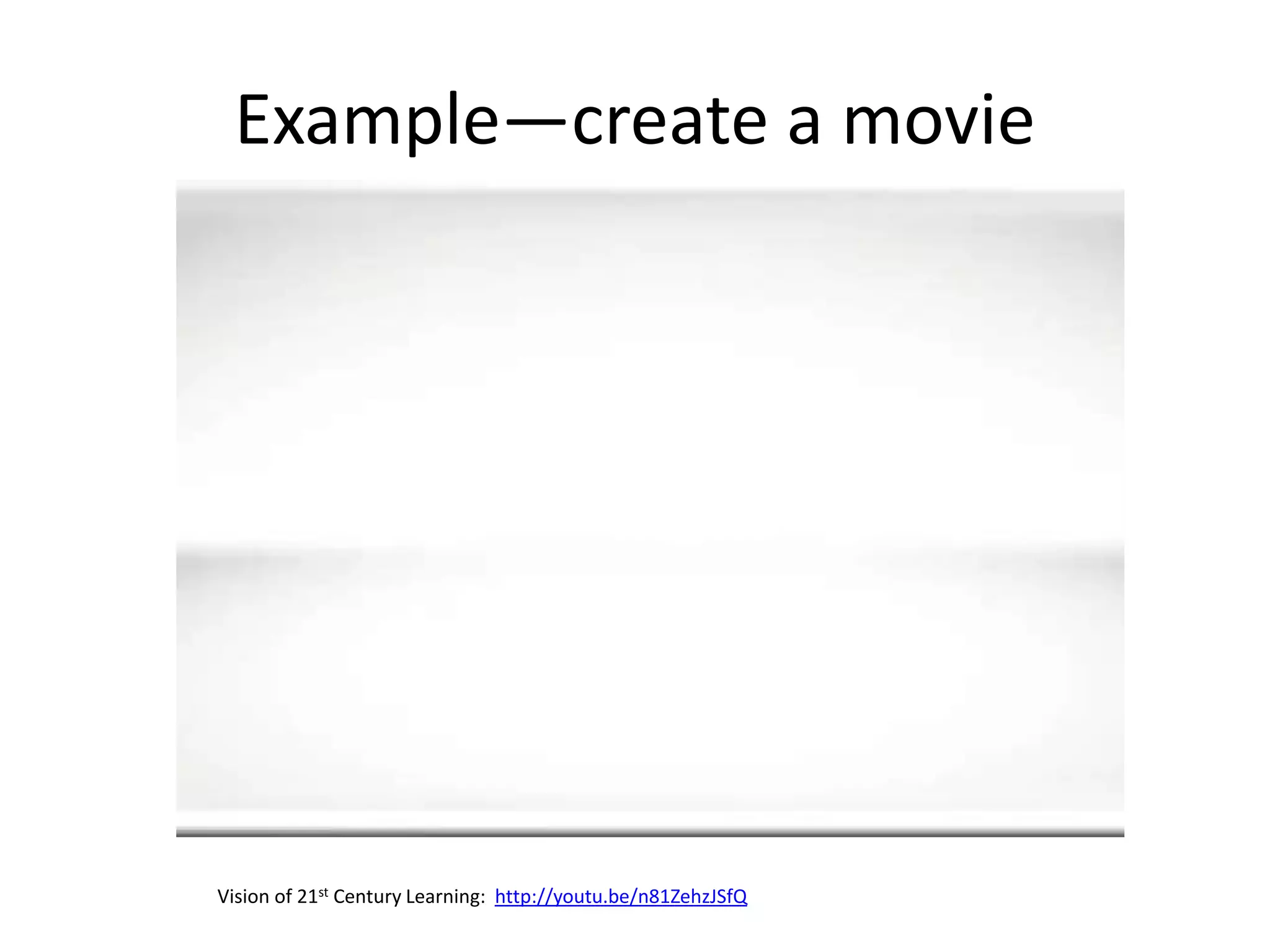 Example—create a movie

Vision of 21st Century Learning: http://youtu.be/n81ZehzJSfQ

 