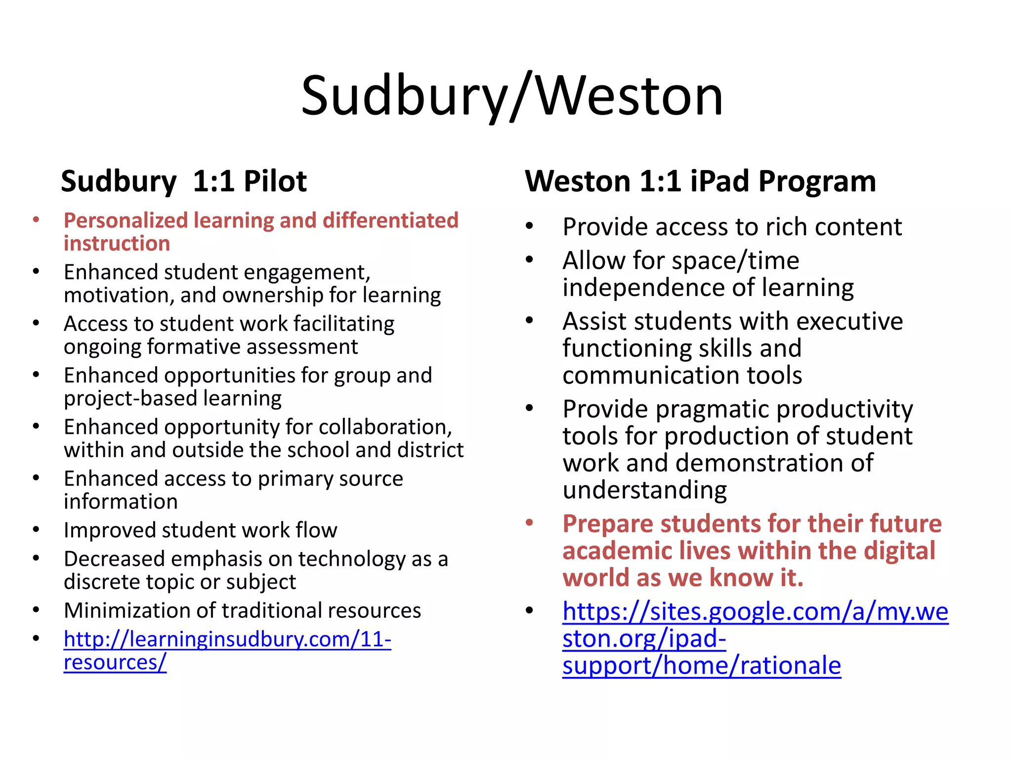 Sudbury/Weston
Sudbury 1:1 Pilot
• Personalized learning and differentiated
instruction
• Enhanced student engagement,
motivation, and ownership for learning
• Access to student work facilitating
ongoing formative assessment
• Enhanced opportunities for group and
project-based learning
• Enhanced opportunity for collaboration,
within and outside the school and district
• Enhanced access to primary source
information
• Improved student work flow
• Decreased emphasis on technology as a
discrete topic or subject
• Minimization of traditional resources
• http://learninginsudbury.com/11resources/

Weston 1:1 iPad Program
• Provide access to rich content
• Allow for space/time
independence of learning
• Assist students with executive
functioning skills and
communication tools
• Provide pragmatic productivity
tools for production of student
work and demonstration of
understanding
• Prepare students for their future
academic lives within the digital
world as we know it.
• https://sites.google.com/a/my.we
ston.org/ipadsupport/home/rationale

 
