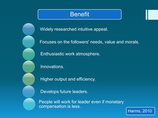 Widely researched intuitive appeal.
Focuses on the followers' needs, value and morals.
Enthusiastic work atmosphere.
Innovations.
Higher output and efficiency.
Develops future leaders.
People will work for leader even if monetary
compensation is less.
Benefit
Harms, 2010
 