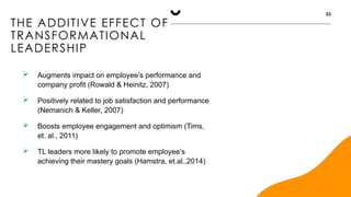 THE ADDITIVE EFFECT OF
TRANSFORMATIONAL
LEADERSHIP
23
 Augments impact on employee’s performance and
company profit (Rowald & Heinitz, 2007)
 Positively related to job satisfaction and performance
(Nemanich & Keller, 2007)
 Boosts employee engagement and optimism (Tims,
et. al., 2011)
 TL leaders more likely to promote employee’s
achieving their mastery goals (Hamstra, et.al.,2014)
 