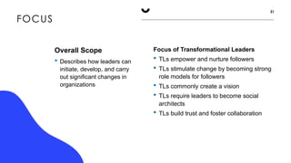 FOCUS
31
Focus of Transformational Leaders
 TLs empower and nurture followers
 TLs stimulate change by becoming strong
role models for followers
 TLs commonly create a vision
 TLs require leaders to become social
architects
 TLs build trust and foster collaboration
Overall Scope
 Describes how leaders can
initiate, develop, and carry
out significant changes in
organizations
 
