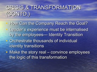 CRISIS & TRANSFORMATIONCRISIS & TRANSFORMATION
(CONTD.)(CONTD.)
• How Can the Company Reach the Goal?How Can the Company Reach the Goal?
• Leader’s experience must be internalisedLeader’s experience must be internalised
by the employees--- Identity Transitionby the employees--- Identity Transition
• Orchestrate thousands of individualOrchestrate thousands of individual
identity transitionsidentity transitions
• Make the story real – convince employeesMake the story real – convince employees
the logic of this transformationthe logic of this transformation
 
