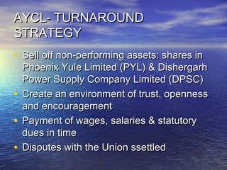 AYCL- TURNAROUNDAYCL- TURNAROUND
STRATEGYSTRATEGY
• Sell off non-performing assets: shares inSell off non-performing assets: shares in
Phoenix Yule Limited (PYL) & DishergarhPhoenix Yule Limited (PYL) & Dishergarh
Power Supply Company Limited (DPSC)Power Supply Company Limited (DPSC)
• Create an environment of trust, opennessCreate an environment of trust, openness
and encouragementand encouragement
• Payment of wages, salaries & statutoryPayment of wages, salaries & statutory
dues in timedues in time
• Disputes with the Union ssettledDisputes with the Union ssettled
 