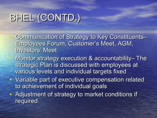 BHEL (CONTD.)BHEL (CONTD.)
• Communication of Strategy to Key Constituents–Communication of Strategy to Key Constituents–
Employees Forum, Customer’s Meet, AGM,Employees Forum, Customer’s Meet, AGM,
Investors’ MeetInvestors’ Meet
• Monitor strategy execution & accountability– TheMonitor strategy execution & accountability– The
strategic Plan is discussed with employees atstrategic Plan is discussed with employees at
various levels and individual targets fixedvarious levels and individual targets fixed
• Variable part of executive compensation relatedVariable part of executive compensation related
to achievement of individual goalsto achievement of individual goals
• Adjustment of strategy to market conditions ifAdjustment of strategy to market conditions if
requiredrequired
 