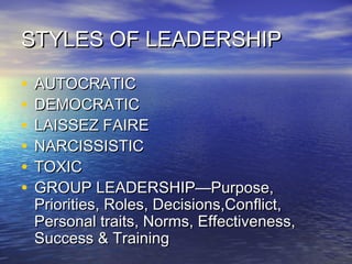 STYLES OF LEADERSHIPSTYLES OF LEADERSHIP
• AUTOCRATICAUTOCRATIC
• DEMOCRATICDEMOCRATIC
• LAISSEZ FAIRELAISSEZ FAIRE
• NARCISSISTICNARCISSISTIC
• TOXICTOXIC
• GROUP LEADERSHIP—Purpose,GROUP LEADERSHIP—Purpose,
Priorities, Roles, Decisions,Conflict,Priorities, Roles, Decisions,Conflict,
Personal traits, Norms, Effectiveness,Personal traits, Norms, Effectiveness,
Success & TrainingSuccess & Training
 