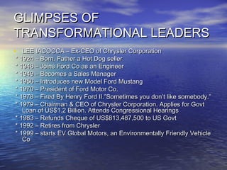 GLIMPSES OFGLIMPSES OF
TRANSFORMATIONAL LEADERSTRANSFORMATIONAL LEADERS
• LEE IACOCCA – Ex-CEO of Chrysler CorporationLEE IACOCCA – Ex-CEO of Chrysler Corporation
* 1924 – Born. Father a Hot Dog seller* 1924 – Born. Father a Hot Dog seller
* 1946 – Joins Ford Co as an Engineer* 1946 – Joins Ford Co as an Engineer
* 1949 – Becomes a Sales Manager* 1949 – Becomes a Sales Manager
* 1956 – Introduces new Model Ford Mustang* 1956 – Introduces new Model Ford Mustang
* 1970 – President of Ford Motor Co.* 1970 – President of Ford Motor Co.
* 1978 – Fired By Henry Ford II.”Sometimes you don’t like somebody.”* 1978 – Fired By Henry Ford II.”Sometimes you don’t like somebody.”
* 1979 – Chairman & CEO of Chrysler Corporation. Applies for Govt* 1979 – Chairman & CEO of Chrysler Corporation. Applies for Govt
Loan of US$1.2 Billion. Attends Congressional HearingsLoan of US$1.2 Billion. Attends Congressional Hearings
* 1983 – Refunds Cheque of US$813,487,500 to US Govt* 1983 – Refunds Cheque of US$813,487,500 to US Govt
* 1992 – Retires from Chrysler* 1992 – Retires from Chrysler
* 1999 – starts EV Global Motors, an Environmentally Friendly Vehicle* 1999 – starts EV Global Motors, an Environmentally Friendly Vehicle
CoCo
 