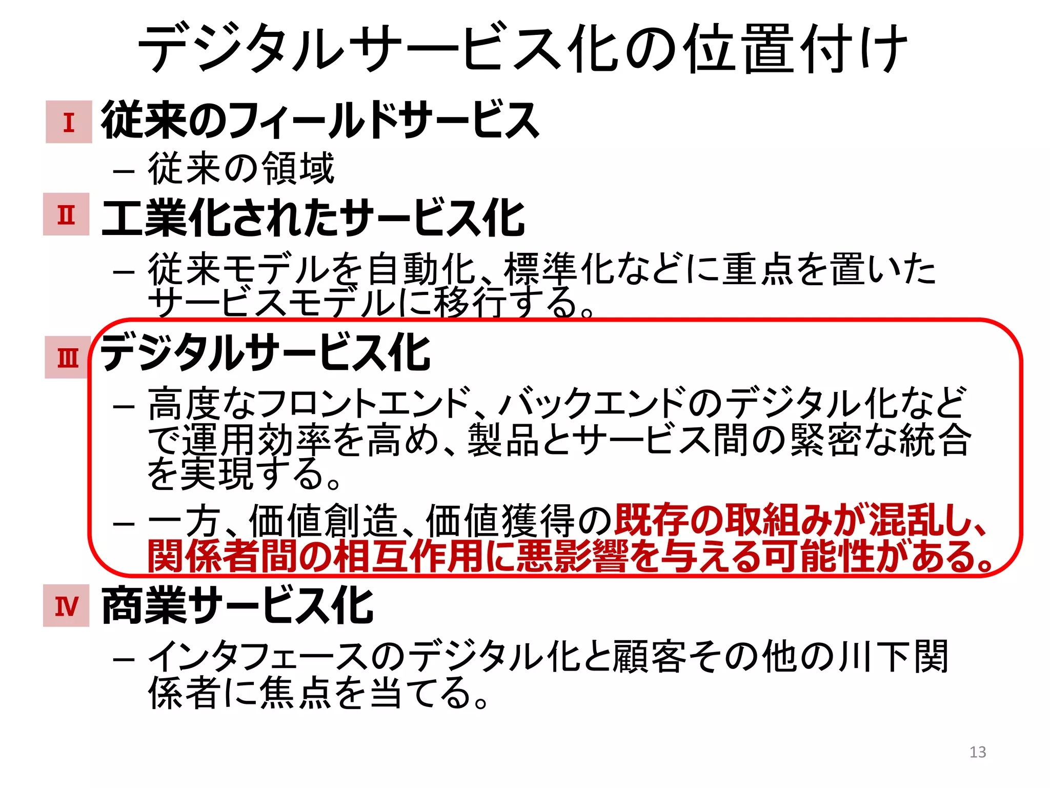デジタルサービス化の位置付け
• 従来のフィールドサービス
– 従来の領域
• 工業化されたサービス化
– 従来モデルを自動化、標準化などに重点を置いた
サービスモデルに移行する。
• デジタルサービス化
– 高度なフロントエンド、バックエンドのデジタル化など
で運用効率を高め、製品とサービス間の緊密な統合
を実現する。
– 一方、価値創造、価値獲得の既存の取組みが混乱し、
関係者間の相互作用に悪影響を与える可能性がある。
• 商業サービス化
– インタフェースのデジタル化と顧客その他の川下関
係者に焦点を当てる。
13
Ⅰ
Ⅱ
Ⅳ
Ⅲ
 