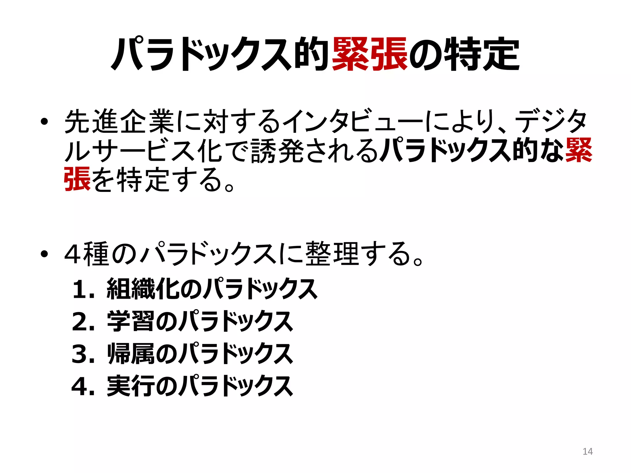 パラドックス的緊張の特定
• 先進企業に対するインタビューにより、デジタ
ルサービス化で誘発されるパラドックス的な緊
張を特定する。
• ４種のパラドックスに整理する。
1. 組織化のパラドックス
2. 学習のパラドックス
3. 帰属のパラドックス
4. 実行のパラドックス
14
 