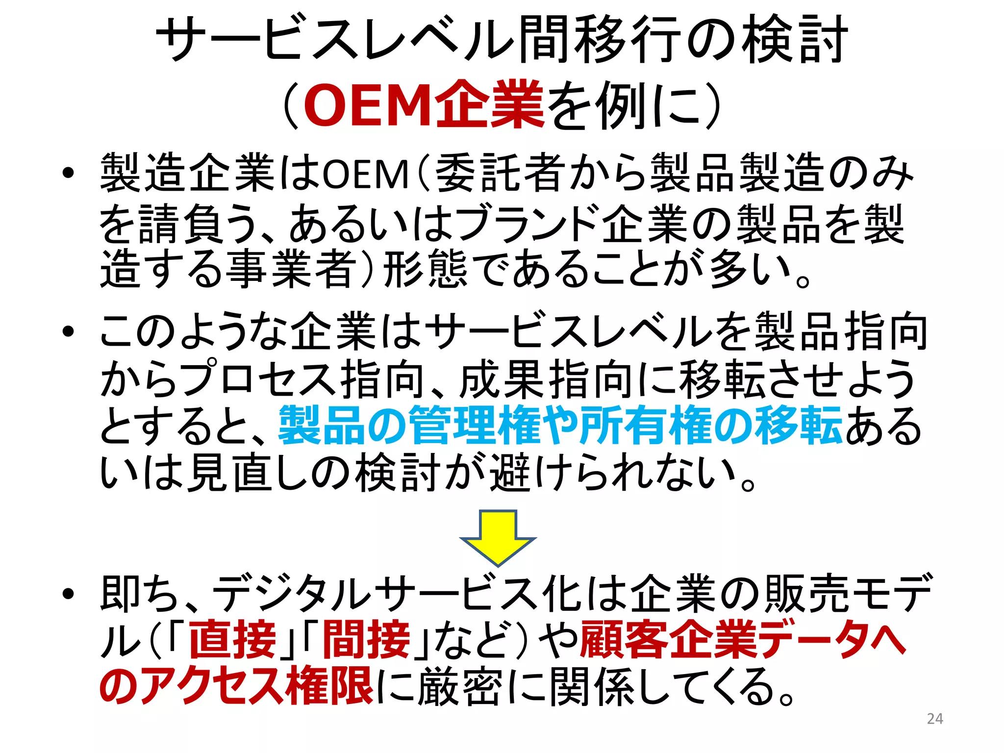 サービスレベル間移行の検討
（OEM企業を例に）
• 製造企業はOEM（委託者から製品製造のみ
を請負う、あるいはブランド企業の製品を製
造する事業者）形態であることが多い。
• このような企業はサービスレベルを製品指向
からプロセス指向、成果指向に移転させよう
とすると、製品の管理権や所有権の移転ある
いは見直しの検討が避けられない。
• 即ち、デジタルサービス化は企業の販売モデ
ル（「直接」「間接」など）や顧客企業データへ
のアクセス権限に厳密に関係してくる。 24
 
