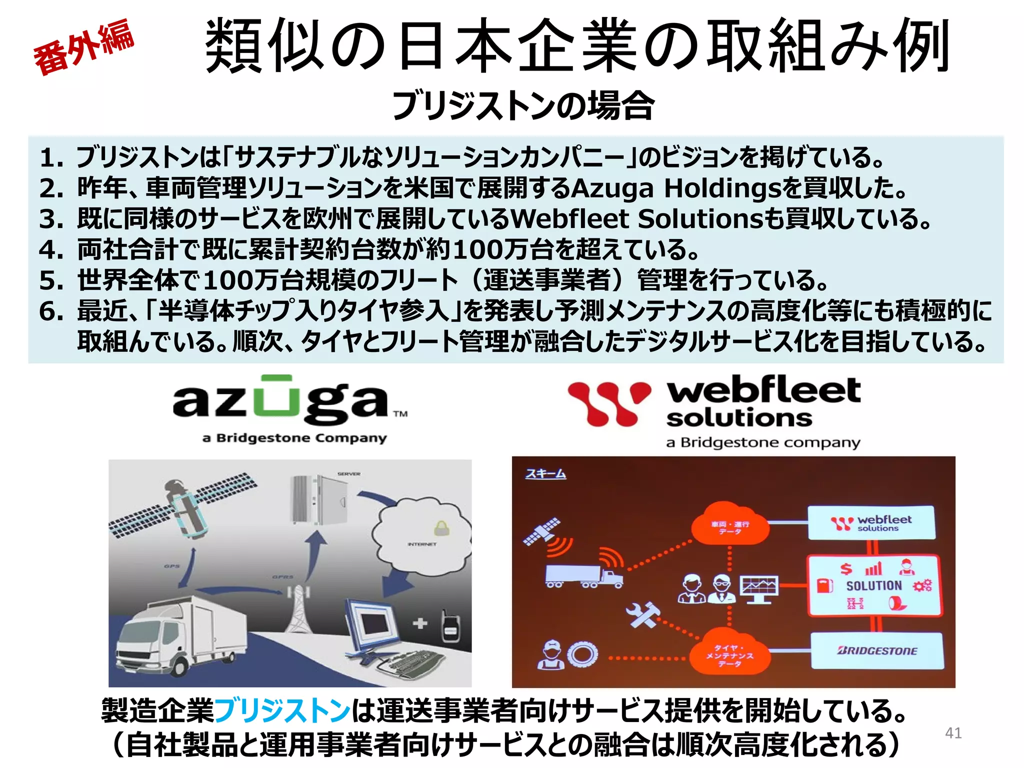 41
類似の日本企業の取組み例
ブリジストンの場合
1. ブリジストンは「サステナブルなソリューションカンパニー」のビジョンを掲げている。
2. 昨年、車両管理ソリューションを米国で展開するAzuga Holdingsを買収した。
3. 既に同様のサービスを欧州で展開しているWebfleet Solutionsも買収している。
4. 両社合計で既に累計契約台数が約100万台を超えている。
5. 世界全体で100万台規模のフリート（運送事業者）管理を行っている。
6. 最近、「半導体チップ入りタイヤ参入」を発表し予測メンテナンスの高度化等にも積極的に
取組んでいる。順次、タイヤとフリート管理が融合したデジタルサービス化を目指している。
製造企業ブリジストンは運送事業者向けサービス提供を開始している。
（自社製品と運用事業者向けサービスとの融合は順次高度化される）
 